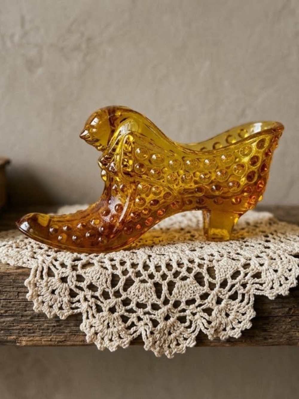 Vintage Fenton Glass Hobnail Slipper, Amber Yellow Glass Shoe with Cat Head